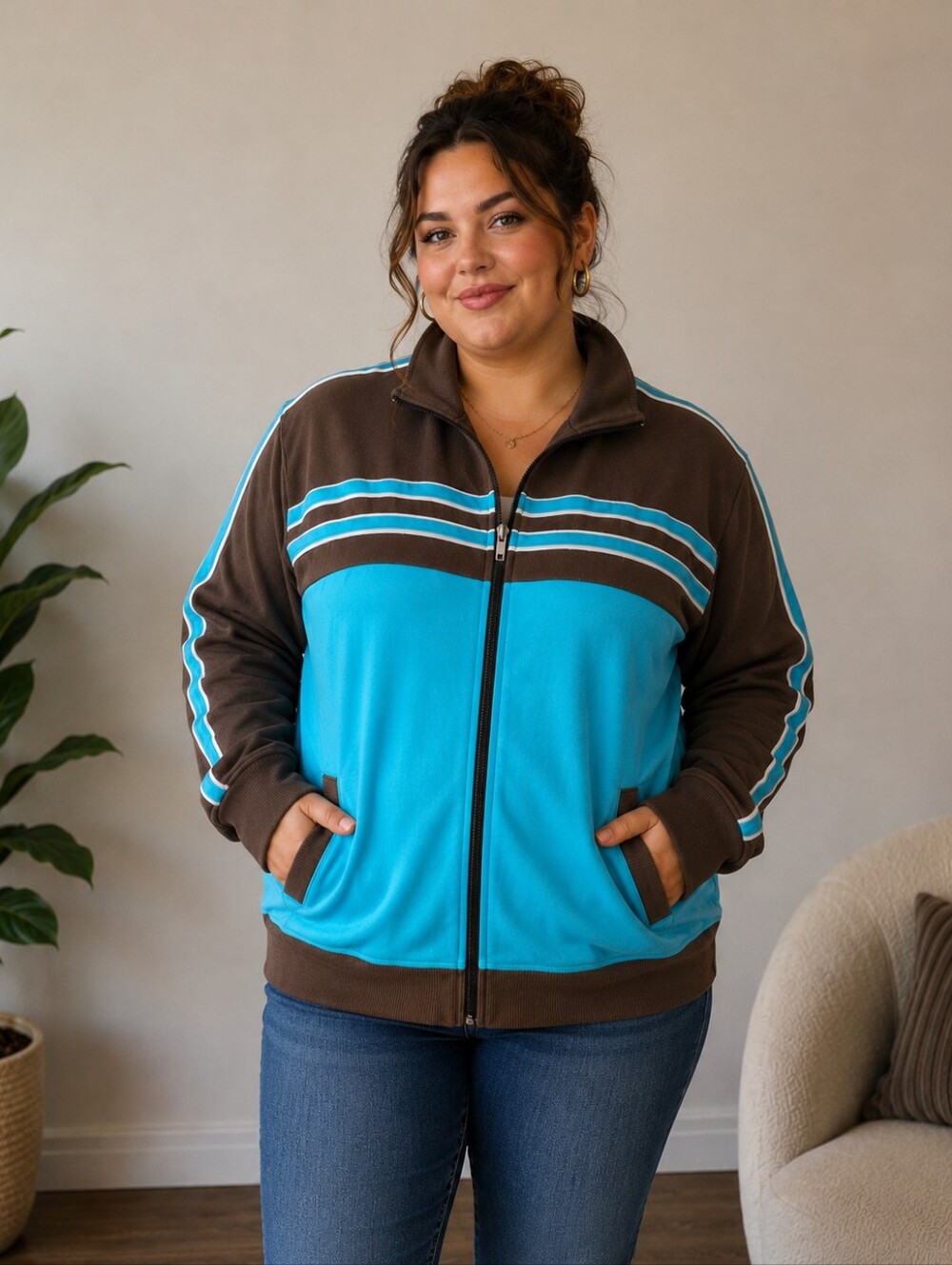 All American Comfort Track Jacket Womens 1X Brown Blue Vtg Athleisure Full Zip